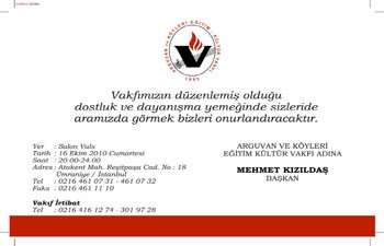ARGUVAN VAKFI'NIN DOSTLUK VE DAYANIŞMA YEMEĞİ 16 EKİMDE